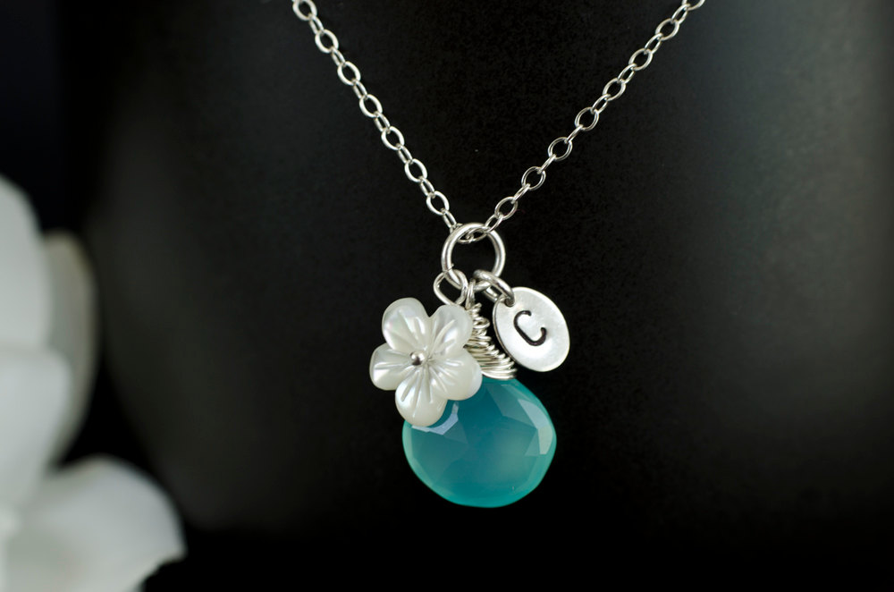 Custom Initial Necklace, Custom Stone, Silver Tiny Oval Tag, Aqua Blue Chalcedony, Mother Of Pearl Flower, Personalized Necklace