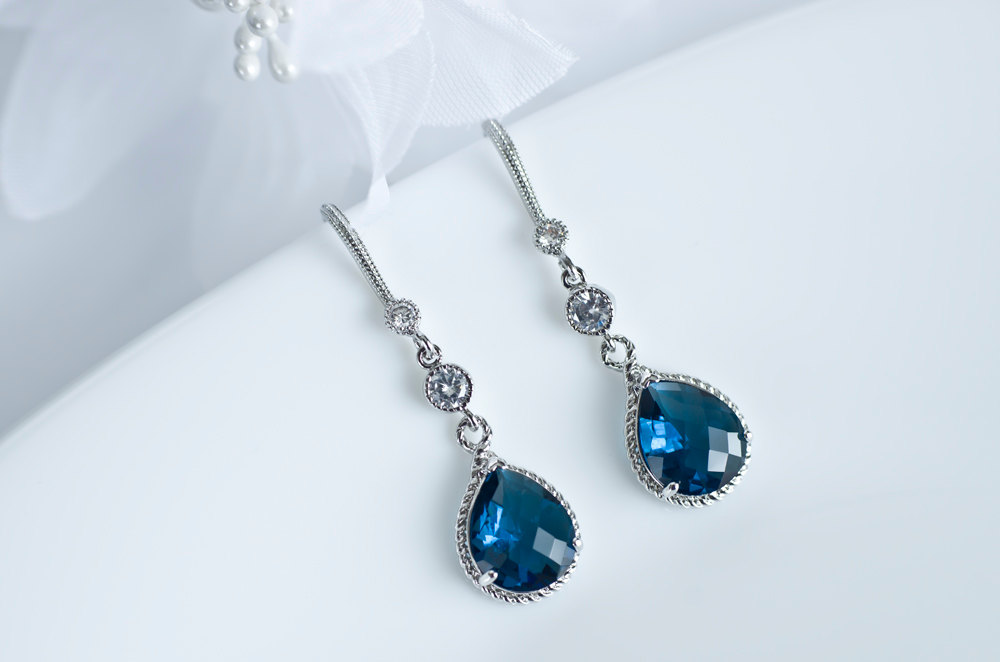 Sapphire Earrings, Blue Sapphire Bridal Earrings, Cubic Zirconia Ear Wires, Cubic Zirconia Connectors And Blue Sapphire Teardrops
