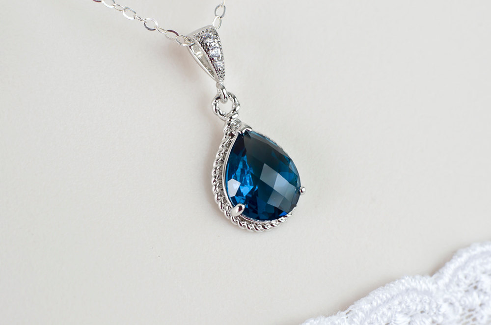 Blue Sapphire Necklace, Blue Sapphire Bridesmaids Necklace, Blue Sapphire Teardrop Glass And Cubic Zirconia Necklace