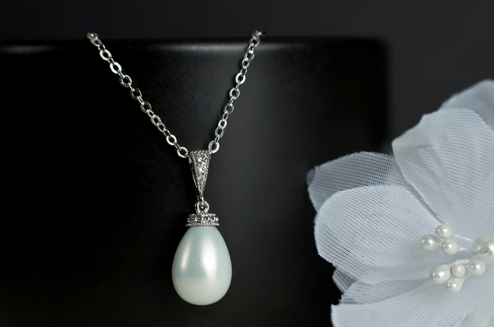 Bridal Necklace, Bridal Pearl Necklace, White Shell Based Tear Drop Pearl On Sterling Silver Chain, Wedding Jewelry