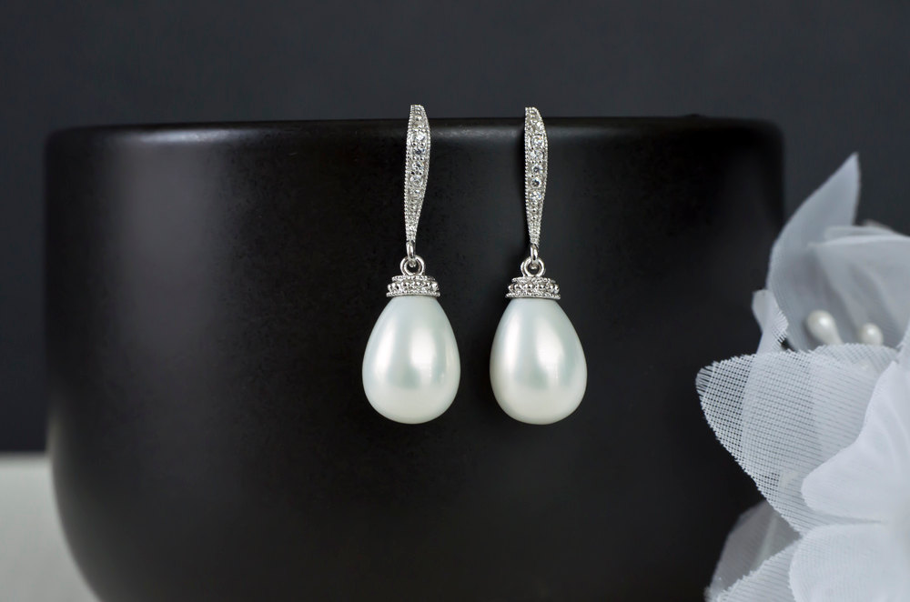 Bridal Earrings, Bridal Pearl Earrings, White Shell Based Tear Drop Pearl On Cubic Zirconia Earwires, Wedding Jewelry