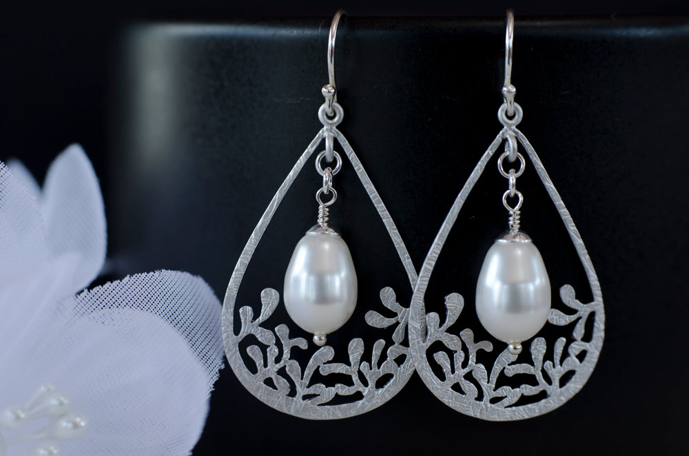 Pearl Earrings, Drop Filigree Pendant And Pear Shape Swarovski Pearls, Bridal, Bridesmaids Earrings