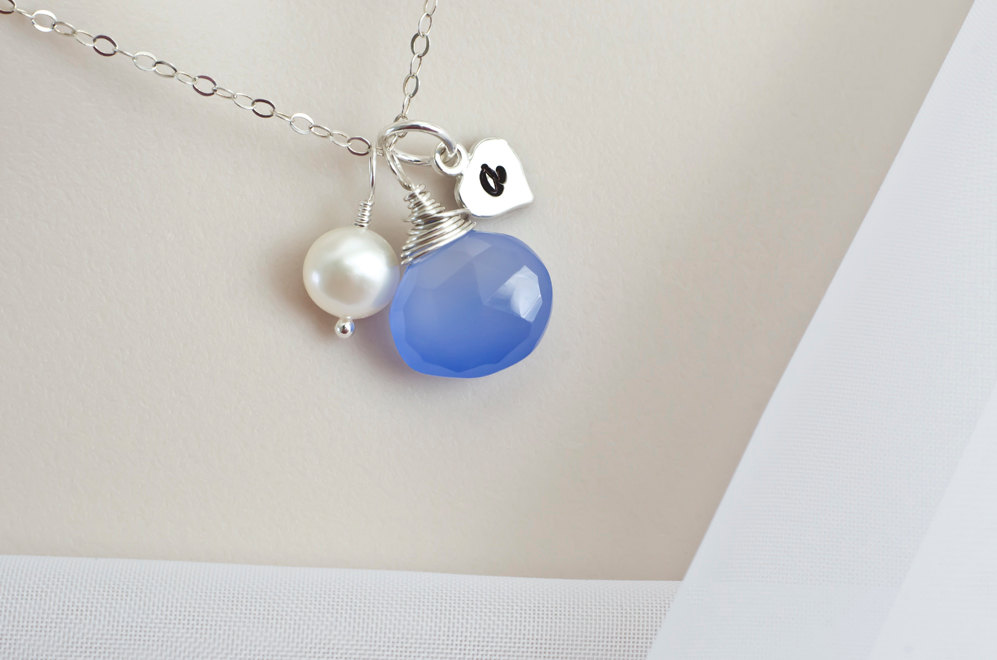 Custom Initial Necklace, Blue Periwinkle Chalcedony, Freshwater Pearl & Sterling Silver Heart Tag Initial Necklace, Personalized Necklace