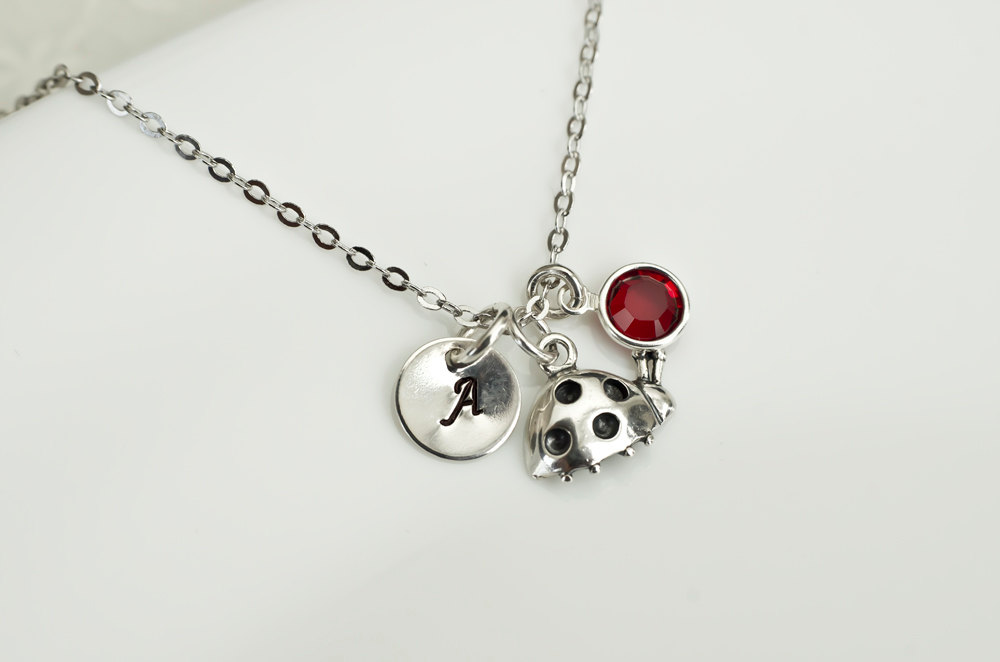 Birthstone Initial Necklace, Ladybug Initial Necklace, Swarovski Birthstone, Silver Ladybug And Round Initial Disc, Little Girl Necklace