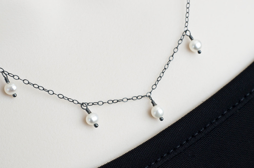 Pearl Necklace, Oxidized Sterling Silver Adn Freshwater Pearls Necklace, Wire Wrapped, Dainty Modern Necklace