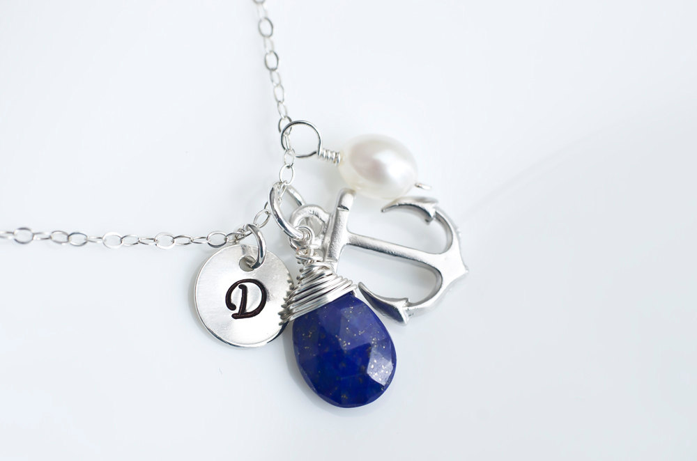 Initial Necklace, Anchor Necklace, Lapis Lazuli Initial Necklace, Personalized Initial Anchor Necklace, Sterling Silver, Bridesmaids Gift