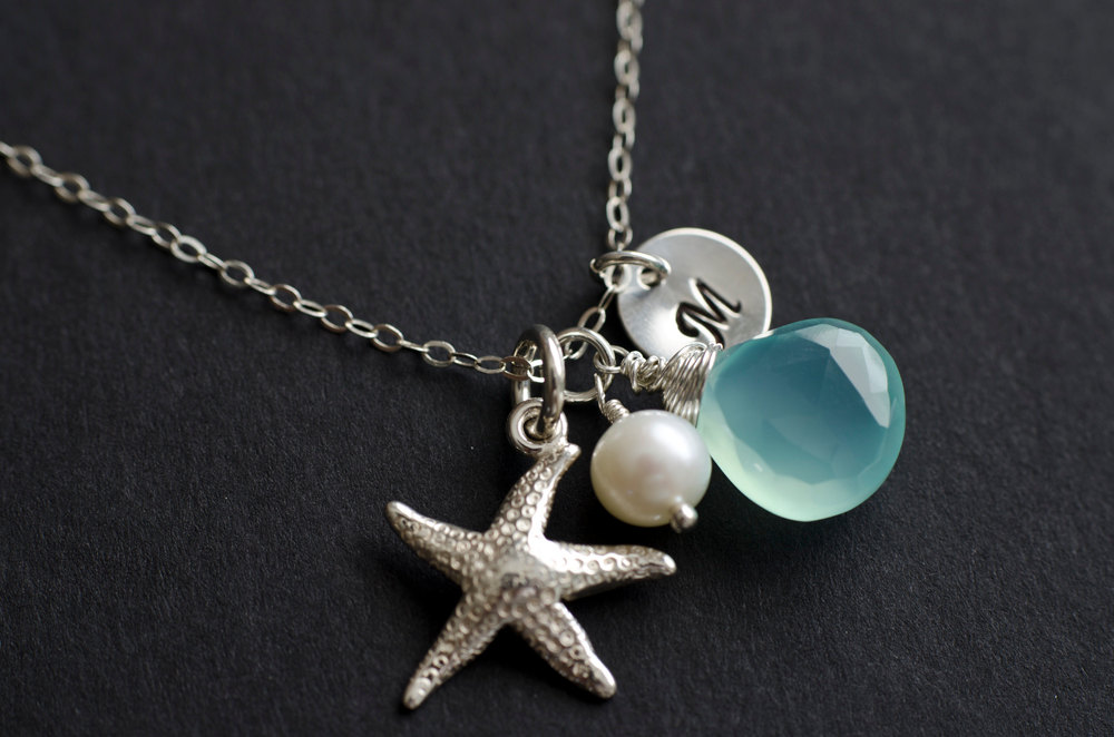 Silver Starfish Necklace, Personalized Initial Charm, Starfish Necklace, Aqua Blue Chalcedony,freshwater Pearl And Initial Disc