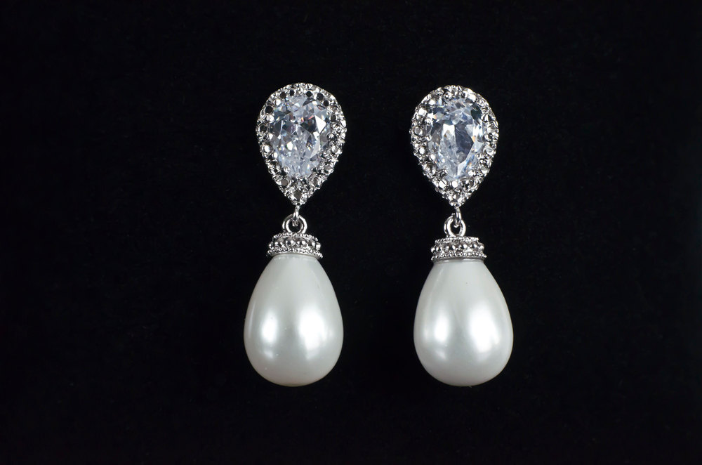 Bridal Earrings, Cubic Zirconia Bridal Pearl Earrings, Bridal, Bridesmaid Earrings Rhodium Plated Cz Ear Posts And White Pearl Teardrops