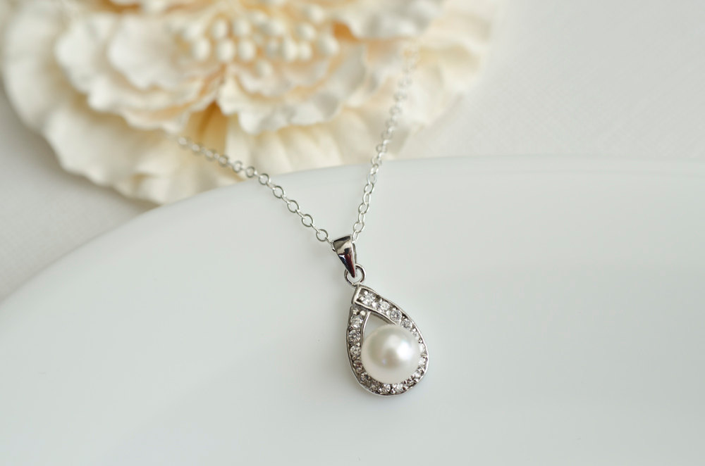 Bridal Necklace, Akoya Pearl And Cubic Zirconia Bridal Necklace, Pearl Pendant
