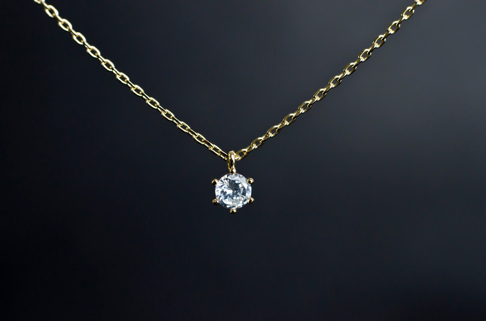 Cubic Zirconia Solitaire Necklace, Gold Plated Cz Solitaire Necklace, Modern Minimalist Jewelry, Small Cz Dainty Necklace