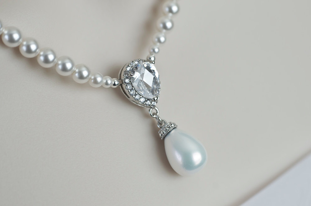 Bridal Necklace, Bridal Pearl And Cubic Zirconia Necklace