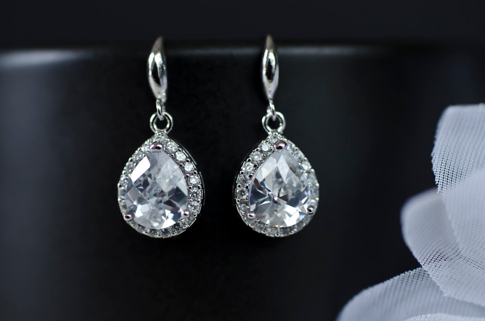 Bridal Earrings, Bridesmaid Earrings Sterling Silver Earwires And Cubic Zirconia Crystal Tear Drops