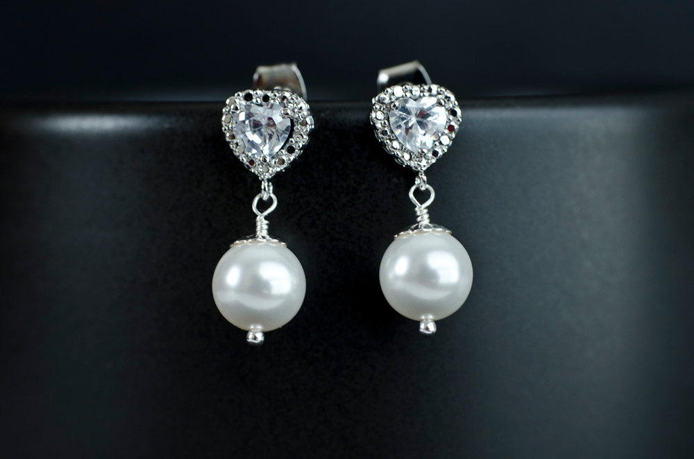 Bridal Earrings Cubic Zirconia Heart Shape Ear Posts And 8mm White/ivory Swarovski Pearls, Bridesmaids Gift