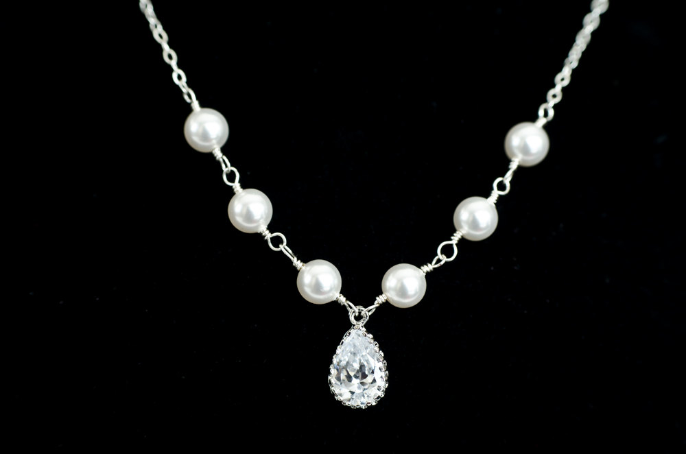 Wedding Jewelry - Bridal Necklace, Cubic Zirconia Teardrop Pendant And White Swarovski Pearls , Bridal, Bridesmaid Jewelry