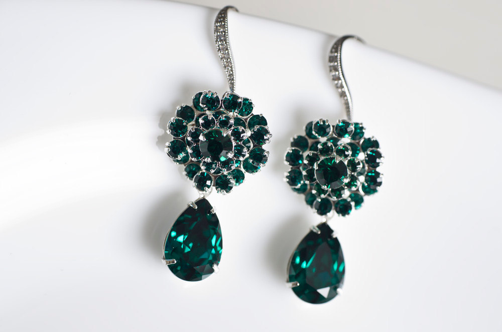 Green Emerald Swarovski Crystal Earrings, Bridesmaids Earrings, White Cubic Zirconia Earwires, Green Emerald Swarovski Earrings