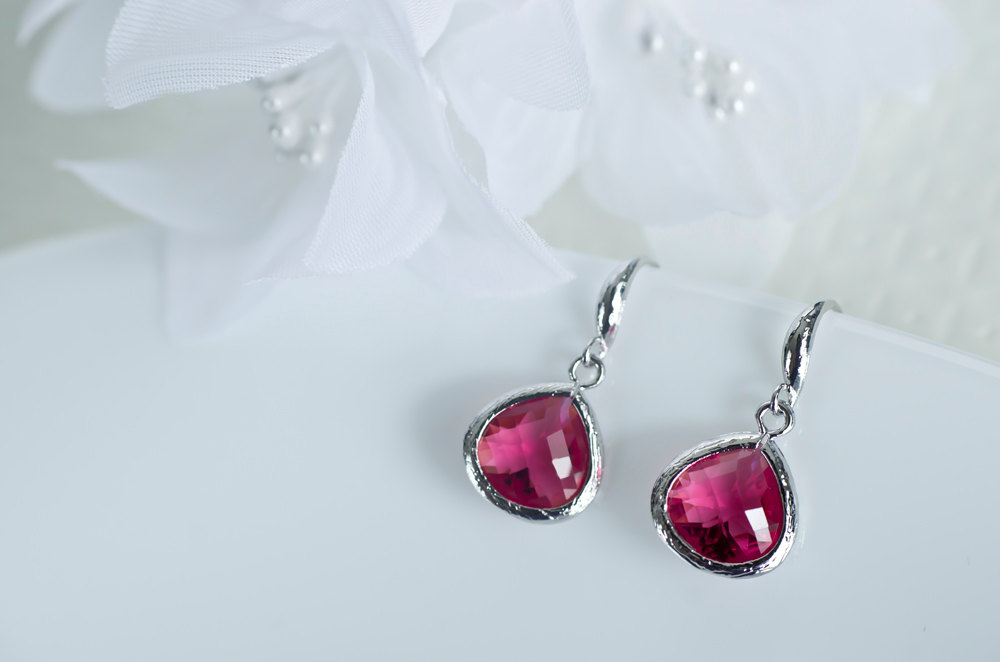 Ruby Earrings, Bridesmaids Earrings, Ruby Glass Earrings, Rhodium Plated Earrwires With Ruby Glass Drops