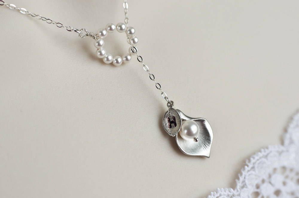 Initial Necklace, Lariat Necklace, Rhodium Plated Cala Lily And Swarovski Pearls Lariat Sterling Silver Necklace