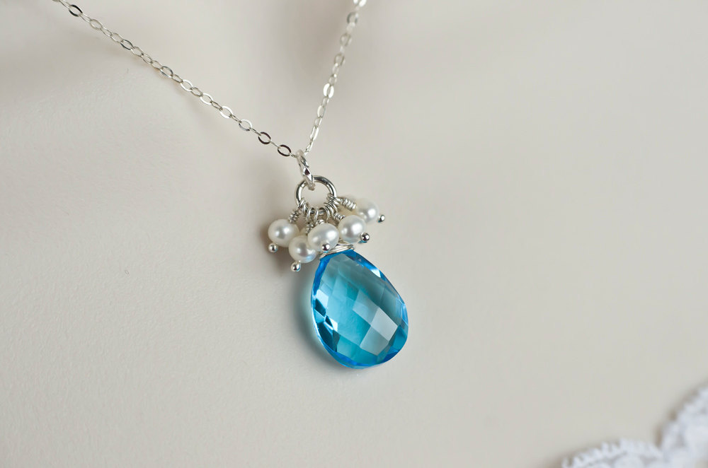 Bridesmaids Necklace, Apatite Blue Quartz And Freshwater Pearls Cluster Sterling Silver Necklace