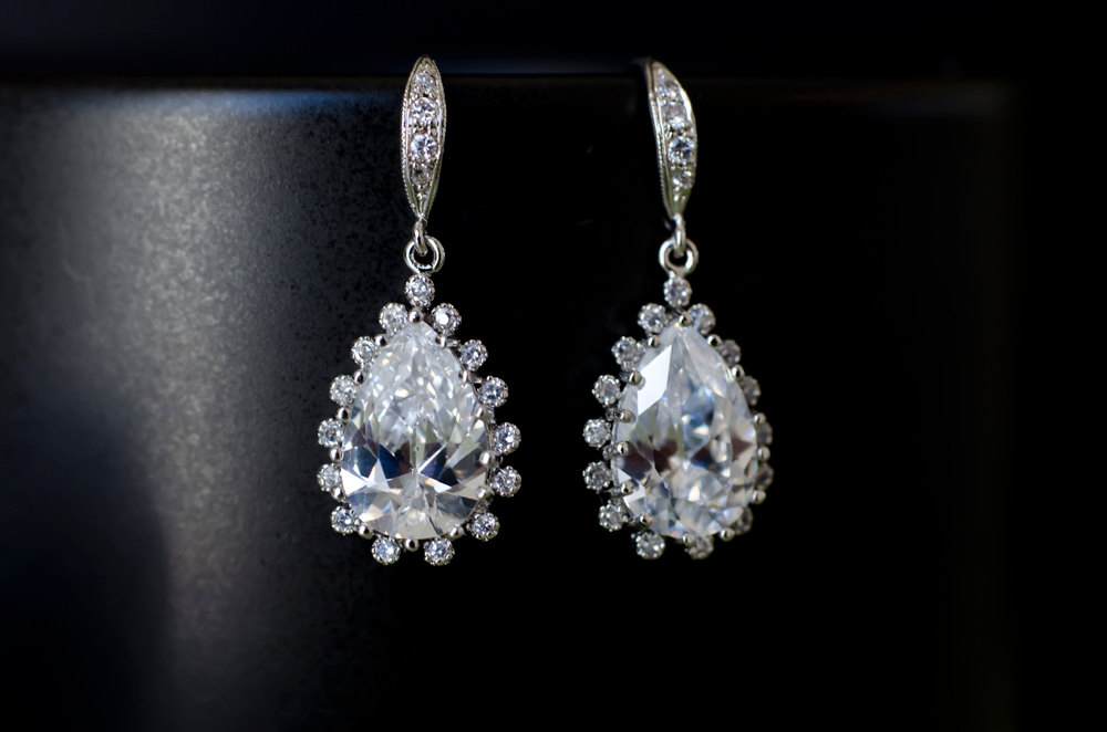 Bridal Earrings, Cubic Zirconia Earwires With Clear Cubic Zirconia Teardrops Bridal Earrings, Bridal Jewelry, Wedding Earrings