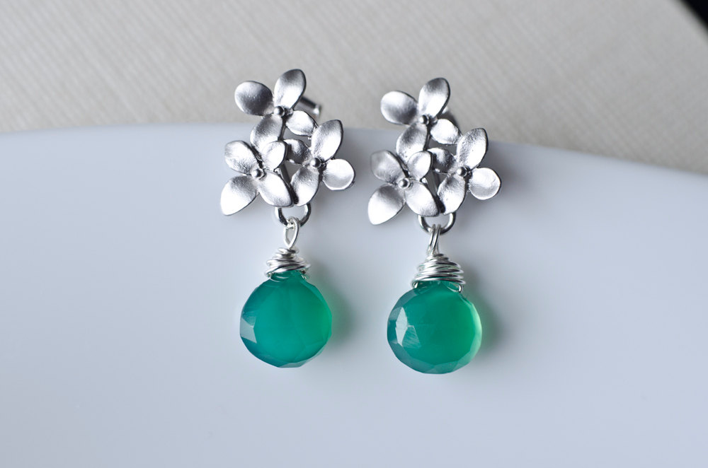 Emerald Green Quartz Earrings, Silver Cherry Blossom Earrings .925 Sterling Silver Earring Post