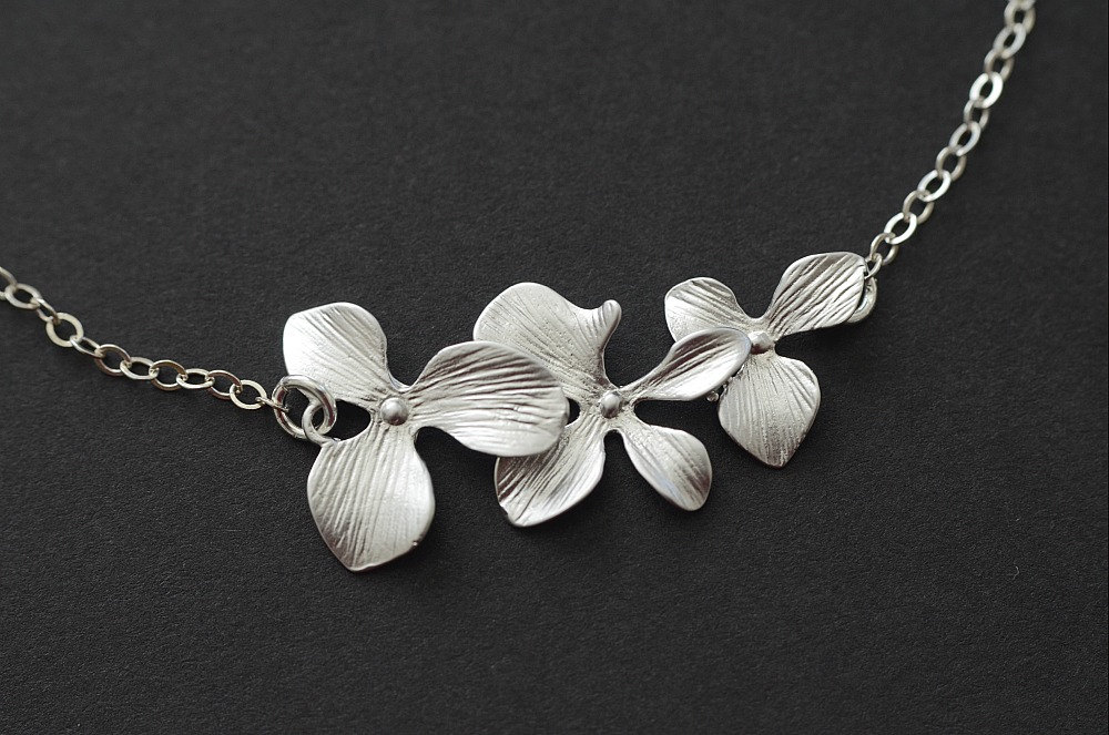 Trio Orchid Flower Necklace, Bridal Wedding Jewelry, Birthday, Bridesmaid Gift