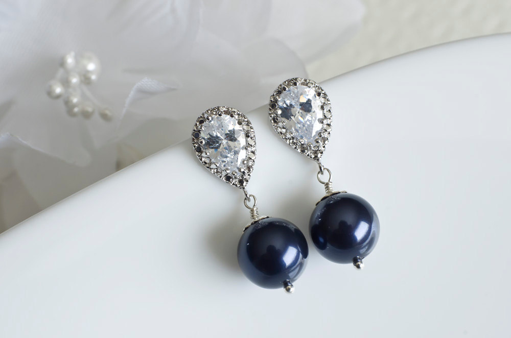Bridesmaids Navy Blue Swarovski Pearl Earrings, Navy Blue Earrings, Navy Blue Swarovski Pearl And Cubic Zirconia Stud Earrings