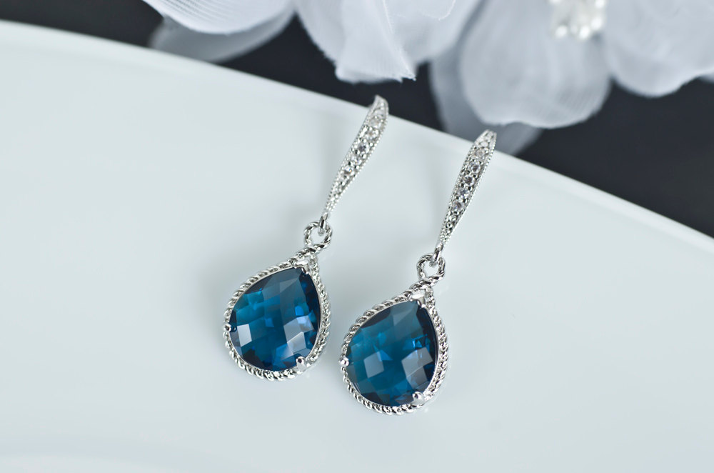 Sapphire Earrings, Blue Sapphire Bridesmaids Earrings, Blue Sapphire Teardrop Glass And Cubic Zirconia Earwires
