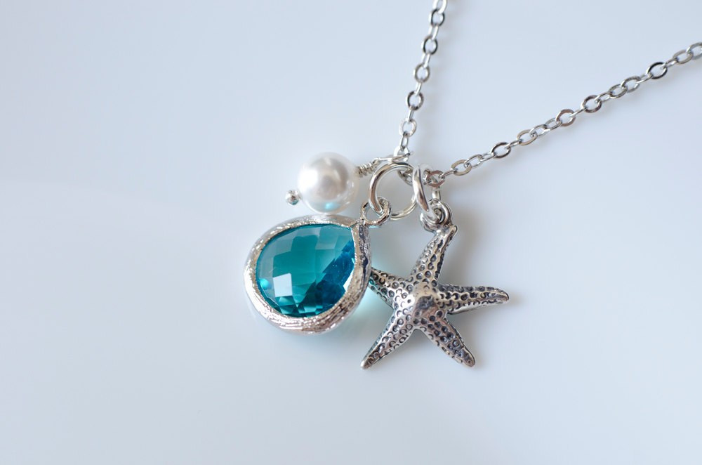 Starfish Necklace,bridesmaid Gifts,starfish Necklace,beach Theme Wedding,sterling Silver Starfish,freshwater Pearl, Blue Zircon Drop Pendant