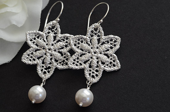 Romantic Lace Earrings...rhodium Plated Lace Pendant, Sterling Silver Earwire And White Swarovski Pearls