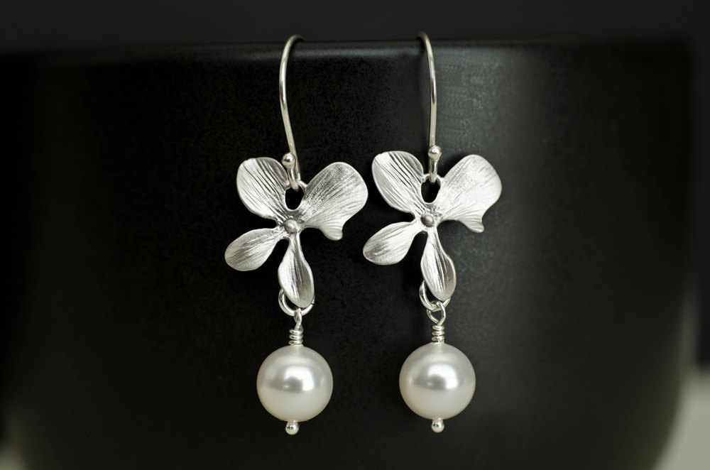 Silver Orchid And White Swarovski Pearl Earrings