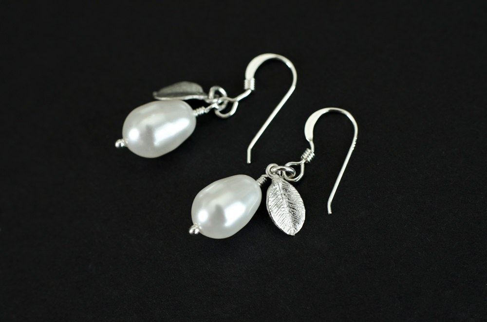 Bridal Earrings, Tiny Leaf Silver Plated Earrings And White/ivory Pear Shape Swarovski Pearls