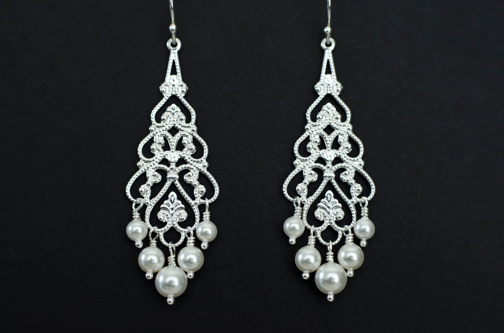 Bridal Chandelier Earrings - Pearl Chandelier Earrings, Silver Filigree And White/ivory Swarovski Pearls