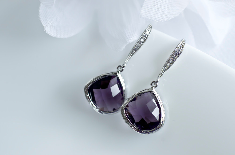 Amethyst Earrings - Purple Amethyst - White Gold Plated Sterling Silver Cubic Zirconia Earrwires With Purple Amehyst Glass Drops