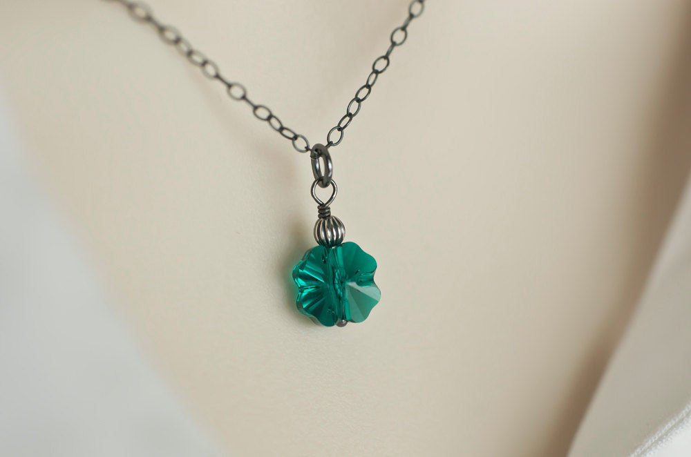 Emerald Green Clover Necklace, Emerald Green Swarovski Crystal Pendant, Oxidized Sterling Silver Necklace