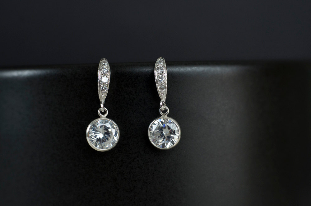 Bridal Earrings, Bridesmaid Earrings Cubic Zirconia Earwires And Cubic Zirconia Crystal Round Bezel Earrings