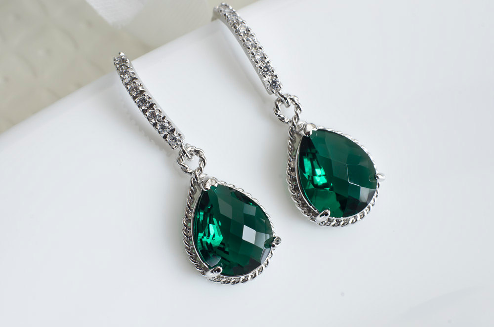 Emerald Green Earrings, Bridesmaids Earrings, Rhodium Plated Cubic