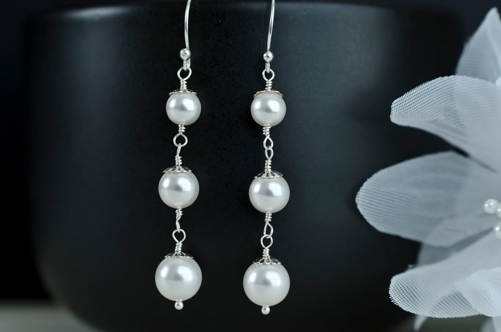 Bridal Earrings, Pearls Earrings, White/ivory Swarovski Pearls And Sterling Silver Earrings, Wedding Jewelry