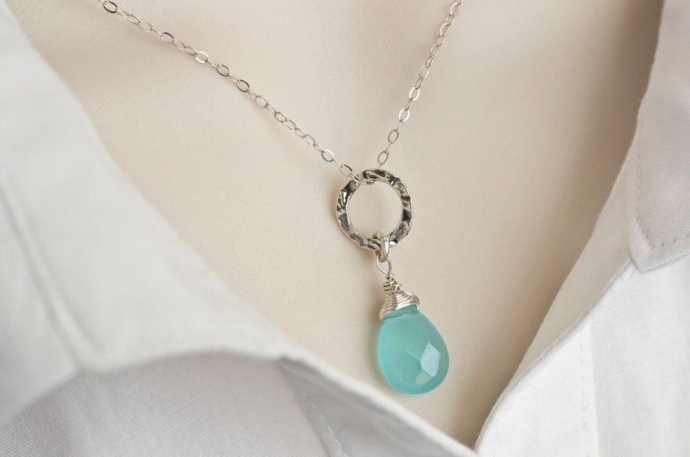 Aqua Blue Quartz Necklace, Sterling Silver Hammered Ring And Custom Stone Briolette Necklace, Bridesmaids Necklace