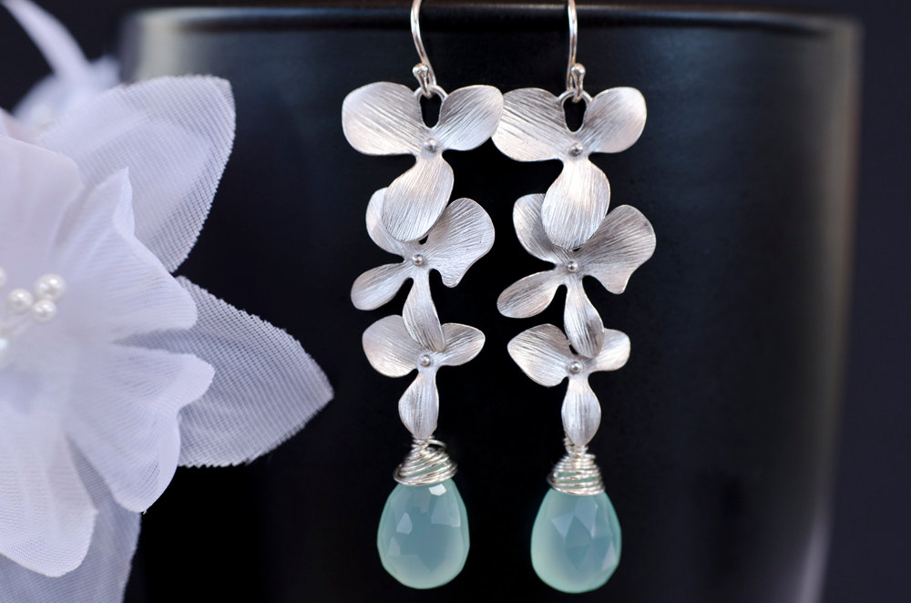 Triple Orchid Earrings, Silver Earrings, Matte Rhodium Plated Triple Orchid And Aqua Blue Chalcedony Earrings, Bridesmaid Gift