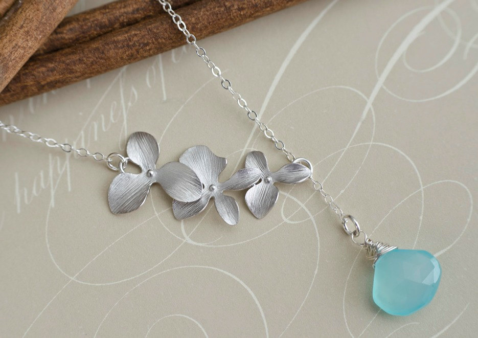 Trio Orchid And Aqua Blue Chalcedony Lariat Necklace, Bridal Wedding Jewelry, Birthday, Bridesmaid Gifts, Orchid Jewelry