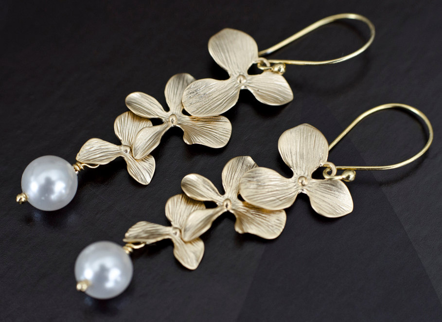 Bridal Pearl Earrings, Triple Orchid And Swarovski Pearls Earrings