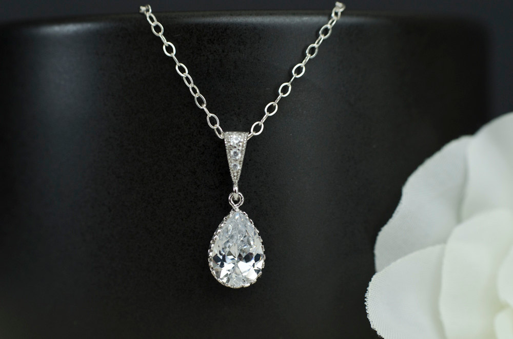 Bridal Necklace, Cubic Zirconia Teardrop Pendant, Bridal, Bridesmaid Pendant