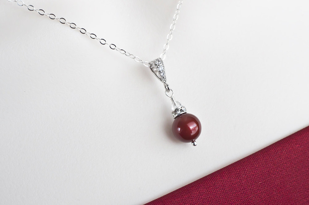 Bordeaux, Burgundy Pearl Necklace, Sterling Silver And Bordeaux Swarovski Pearl Necklace, Bridesmaids Necklace, Mother Of The Bride Necklace