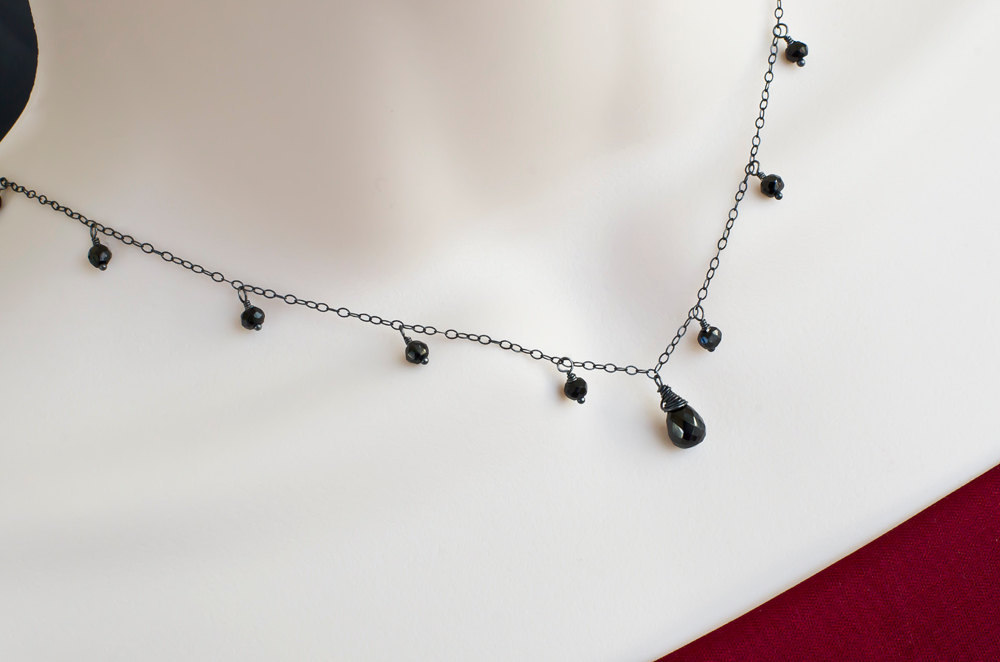 Black Spinel Necklace, Oxidized Sterling Silver Necklace, Wire Wrapped Oxidized Sterling Silver And Black Spinel Neklace