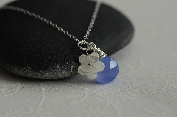 Hydrangea Blue Periwinkle Chalcedony Heart Briolette, White Mother Of Pearl Flower And Sterling Silver Necklace