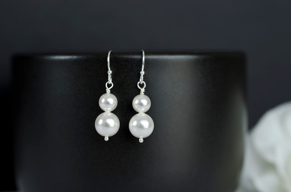 Bridal Pearl Earrings, Duo Swarovski Pearl on Sterling Silver Earrings, Bridal Earrings, Bridesmaids Gift