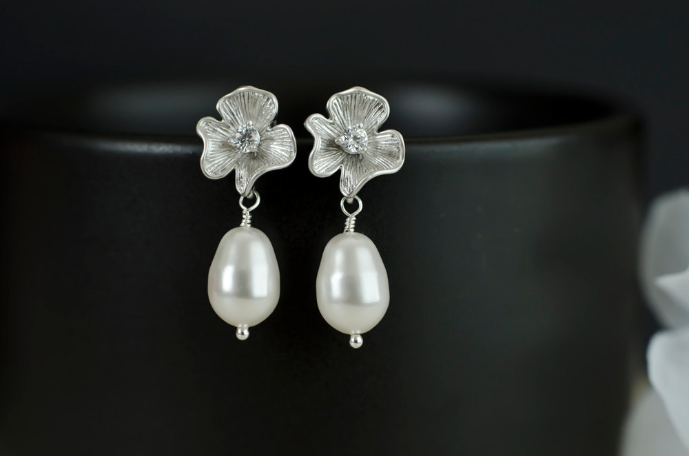 Bridal Earrings, Silver Cz Flower Earrings With White/ivory 11 Mm Swarovski Pear Shape Pearl .925 Sterling Silver Earring Post