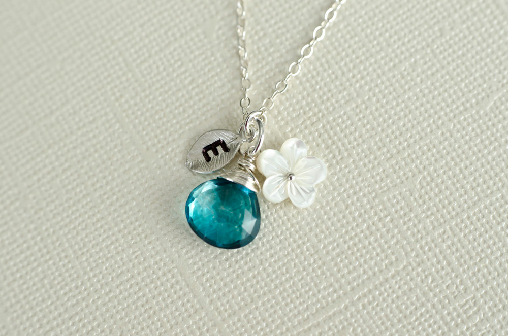 Custom Initial Necklace, Silver Tiny Leaf, Peacock Teal Blue Quartz, Mother Of Pearl Flower, Birthday Gift, Bridesmaid Personalized Necklace