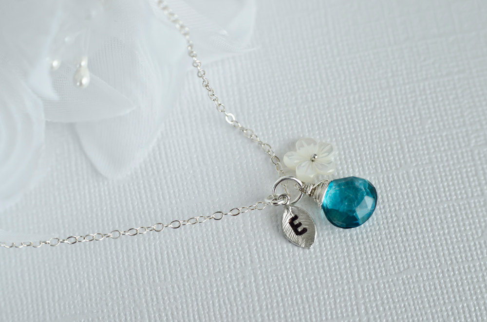 Custom Initial Necklace, Silver Tiny Leaf, Peacock Teal Blue Quartz ...