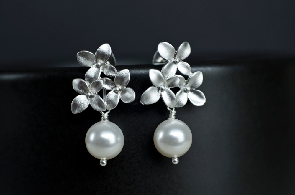 Bridal Earrings, Silver Cherry Blossom Earrings With White/Ivory 8mm